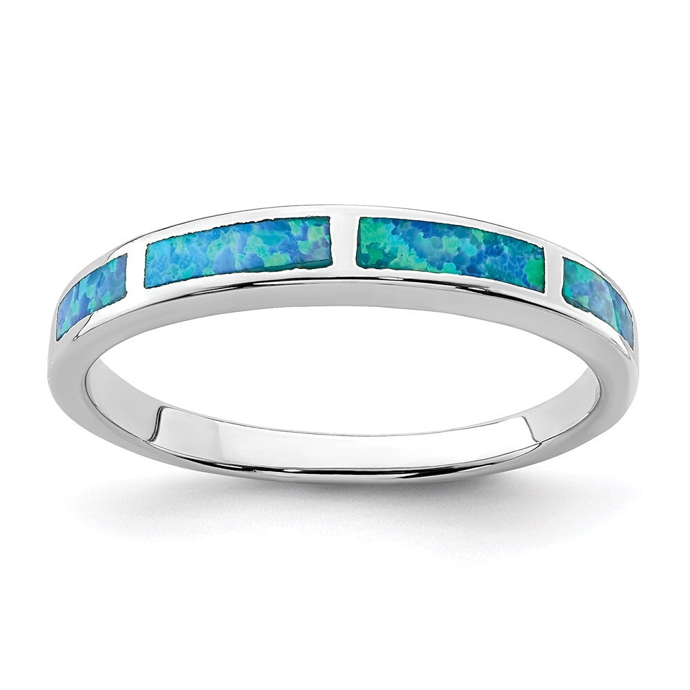 Sterling Silver Rhodium-plated Lab Created Blue Opal Inlay Band Size 6