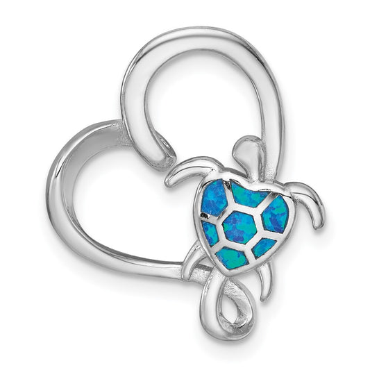 Sterling Silver RH-plated Blue Cr. Opal Turtle / Heart Chain Slide Pendant