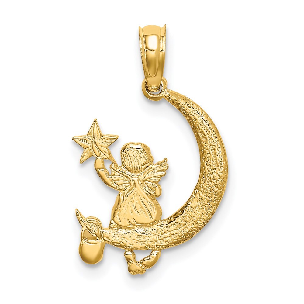 14k Yellow Gold Angel Holding a Star on a Half Moon Charm Pendant for Women