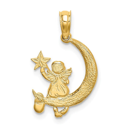 14k Yellow Gold Angel Holding a Star on a Half Moon Charm Pendant for Women
