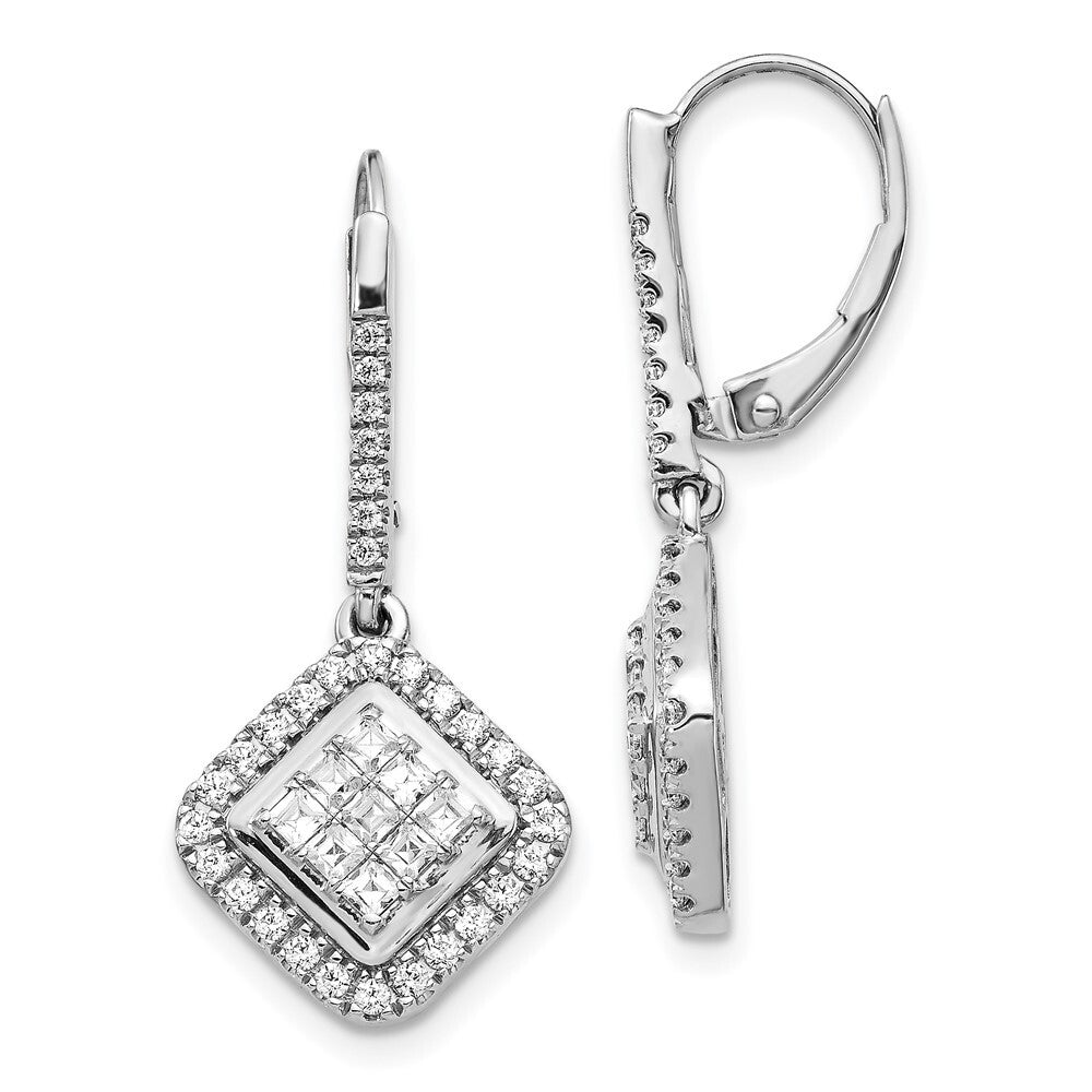 14k White Gold Diamond Cluster Leverback Drop & Dangle Earrings