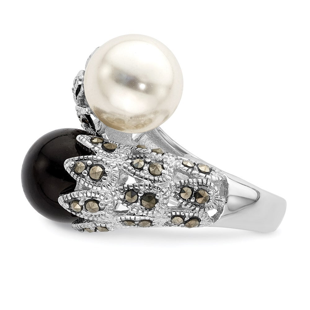 Sterling Silver Black and White Plastic Imitation Pearl Marcasite Ring Size 7