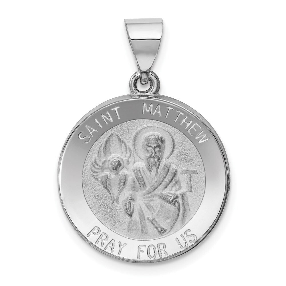 14k White Gold Polished and Satin St Matthew Hollow Pendant for Women