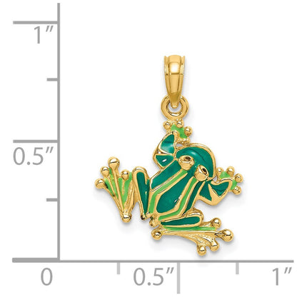 14k Yellow Gold Green Enameled 2-D Small Frog Charm Pendant for Women