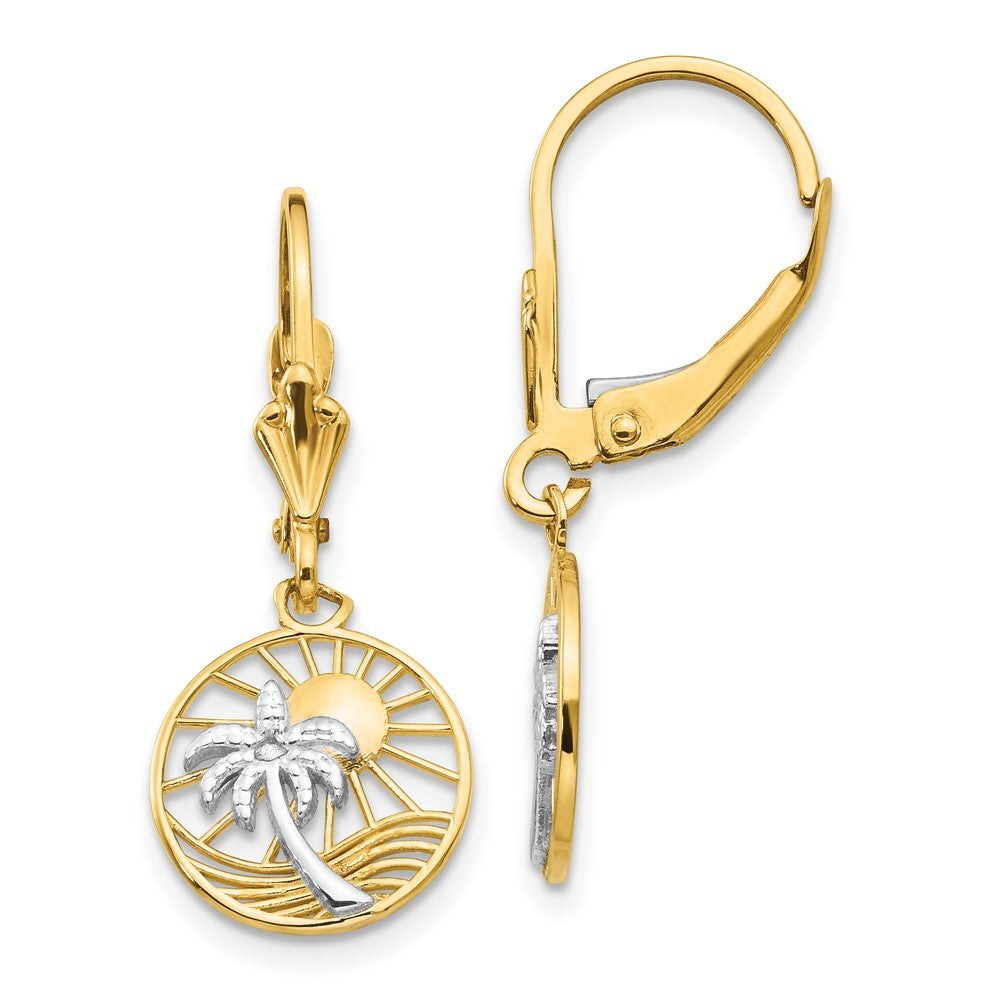 14k Yellow Gold & Rhodium Palm Tree Drop Dangle Earrings