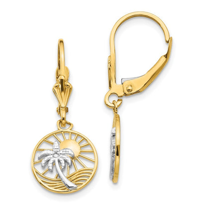 14k Yellow Gold & Rhodium Palm Tree Drop Dangle Earrings