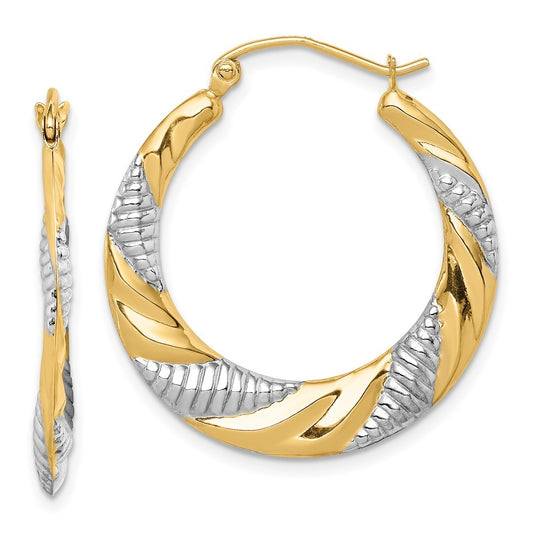 14k Yellow Gold & Rhodium Textured Stamped Hoop Earrings