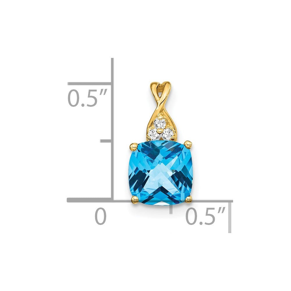 14k Yellow Gold Checkerboard Blue Topaz and Diamond Pendant