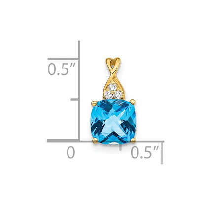 14k Yellow Gold Checkerboard Blue Topaz and Diamond Pendant