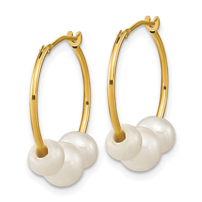 14k Yellow Gold 5-7mm White Round Freshwater Cultured 3-Pearl Hoop Earrings