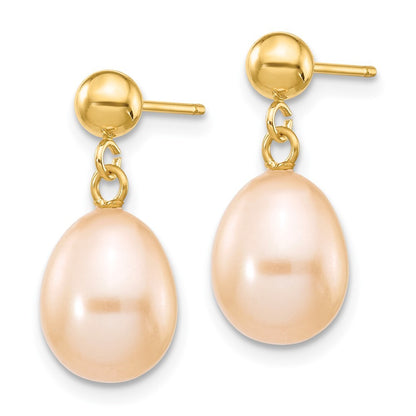 14k Yellow Gold 8-9mm Pink Rice Freshwater Cultured Pearl Dangle Earrings
