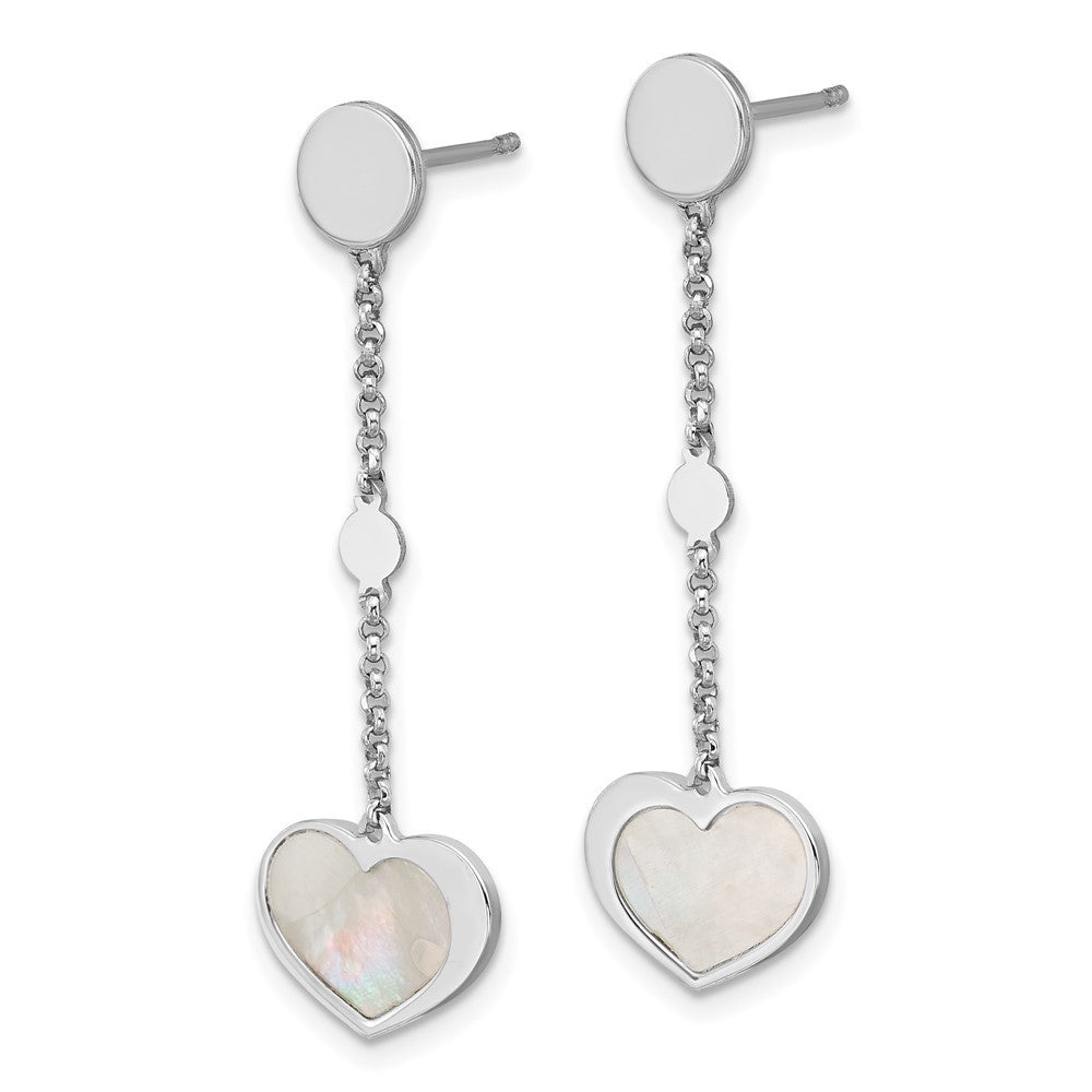 Sterling Silver Rhodium-plated Mother of Pearl Heart and Chain Dangle Earrings