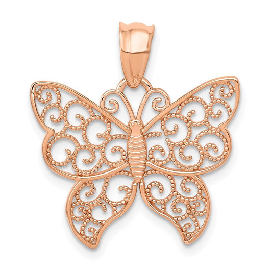 14k Rose Gold Polished Filigree Butterfly Pendant for Women