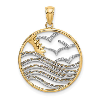 14k Yellow Gold Rhodium Sunset and Seagulls In Circle Pendant for Women