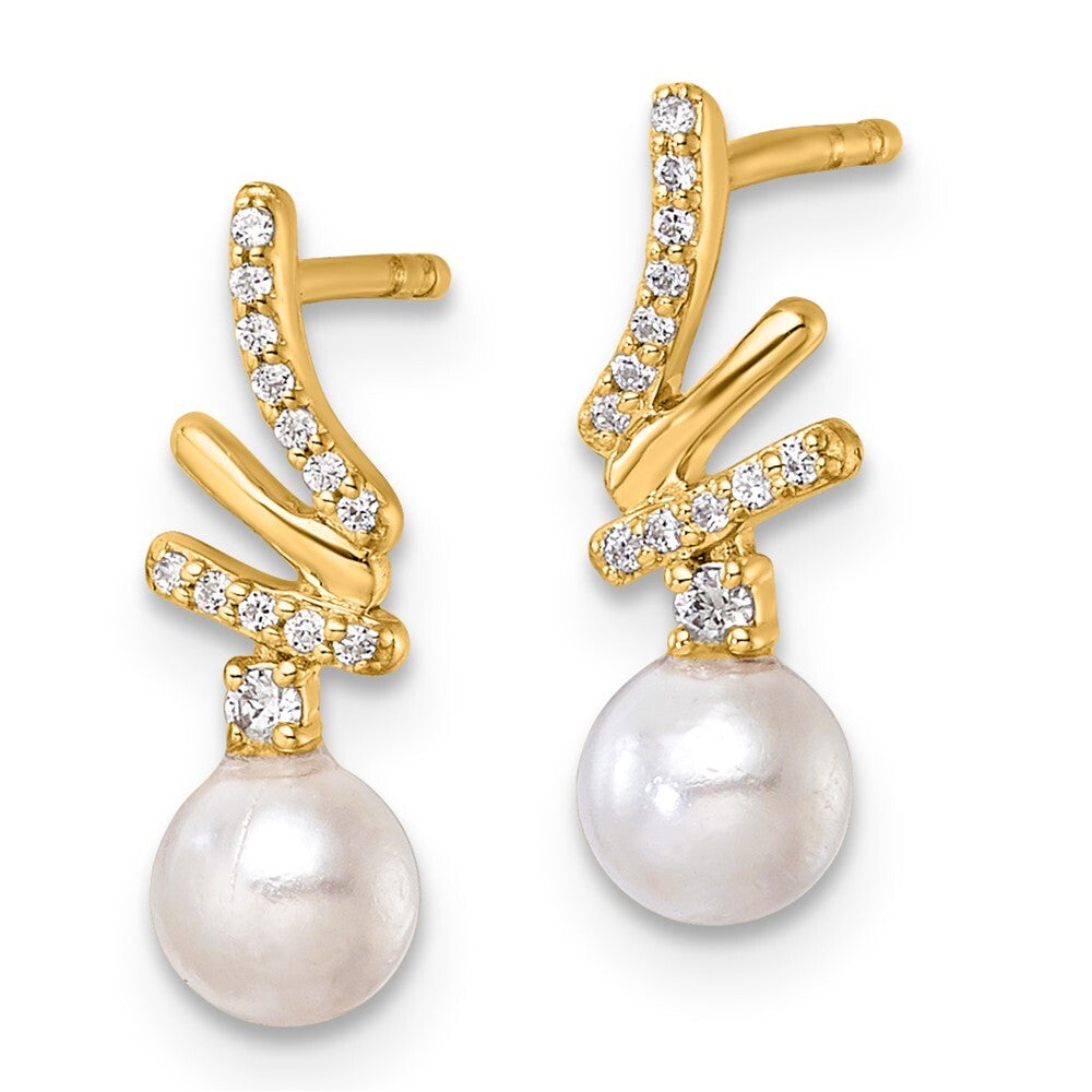 14k Yellow Gold Polished Diamond and Pearl Drop Drop & Dangle Earrings