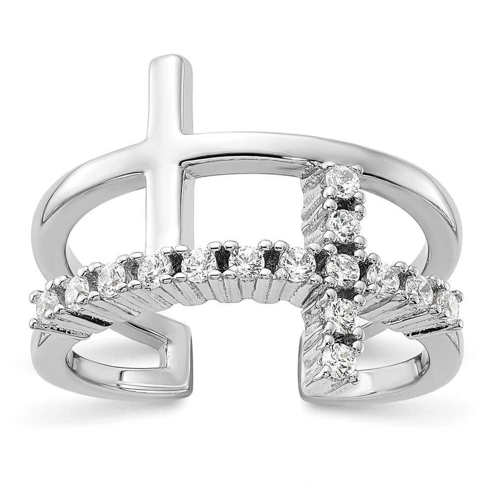 Sterling Silver Rhodium-plated Double Cross CZ Open Back Ring Size 7