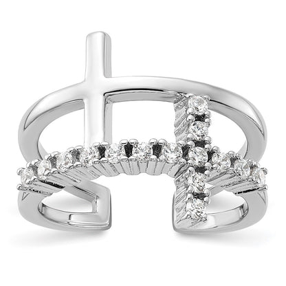 Sterling Silver Rhodium-plated Double Cross CZ Open Back Ring Size 7