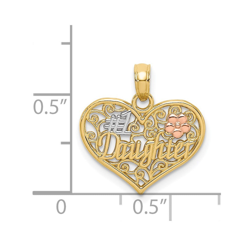 14k Two-tone with White Rhodium #1 DAUGHTER In Heart with Flowers Charm