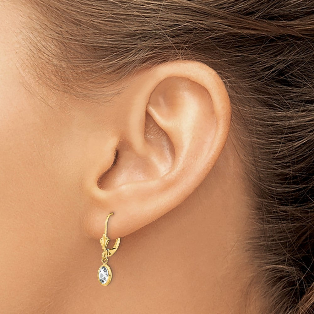 14k Yellow Gold 6x4 Oval Bezel April/White Topaz Leverback Earrings
