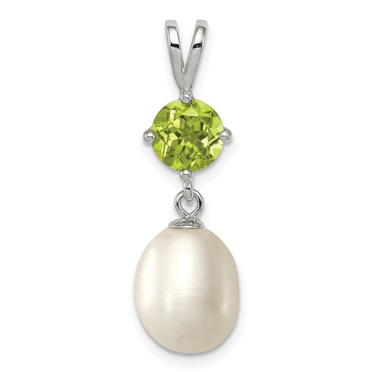 Sterling Silver 8-9mm White Freshwater Cultured Pearl and .90PE Peridot Pendant