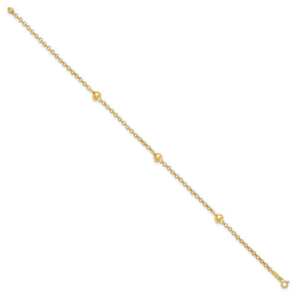 14k Yellow Gold Polished Puffed Heart 3-Station 9 inch Anklet