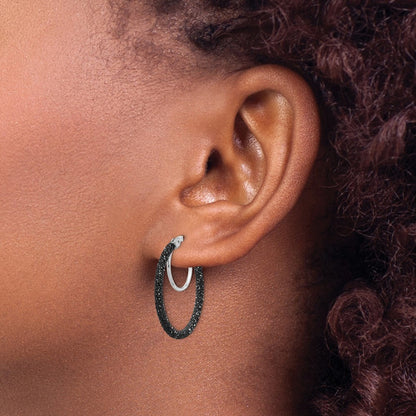 Sterling Silver Rhodium/Black Glitter Enamel 2x25mm Hoop Earrings