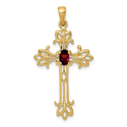 14k Yellow Gold 5x3mm Oval Garnet cross pendant