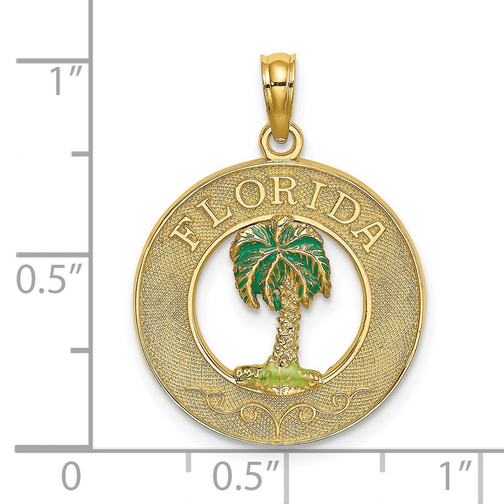 14k Yellow Gold FLORIDA Enamel Palm Tree Circle Charm Pendant for Women
