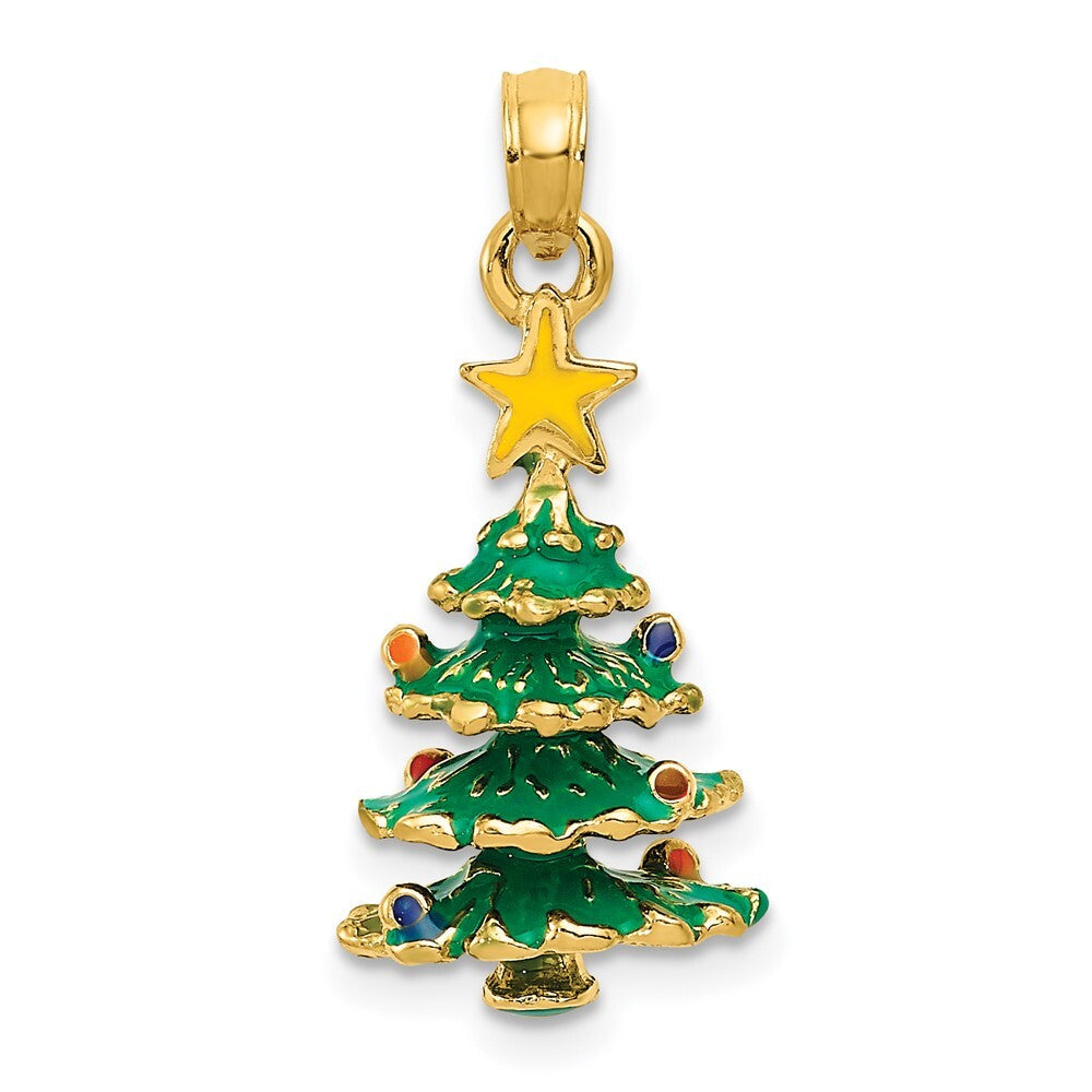 14k Yellow Gold 3D Enameled Christmas Tree Pendant for Women