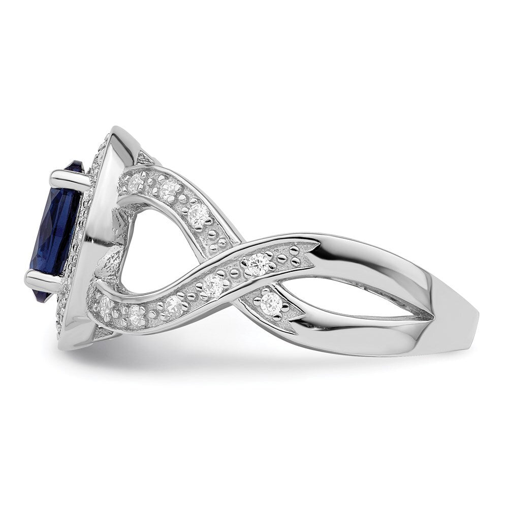Sterling Silver Rhodium plated Dark Blue Glass & Cubic Zirconia Ring Size 7