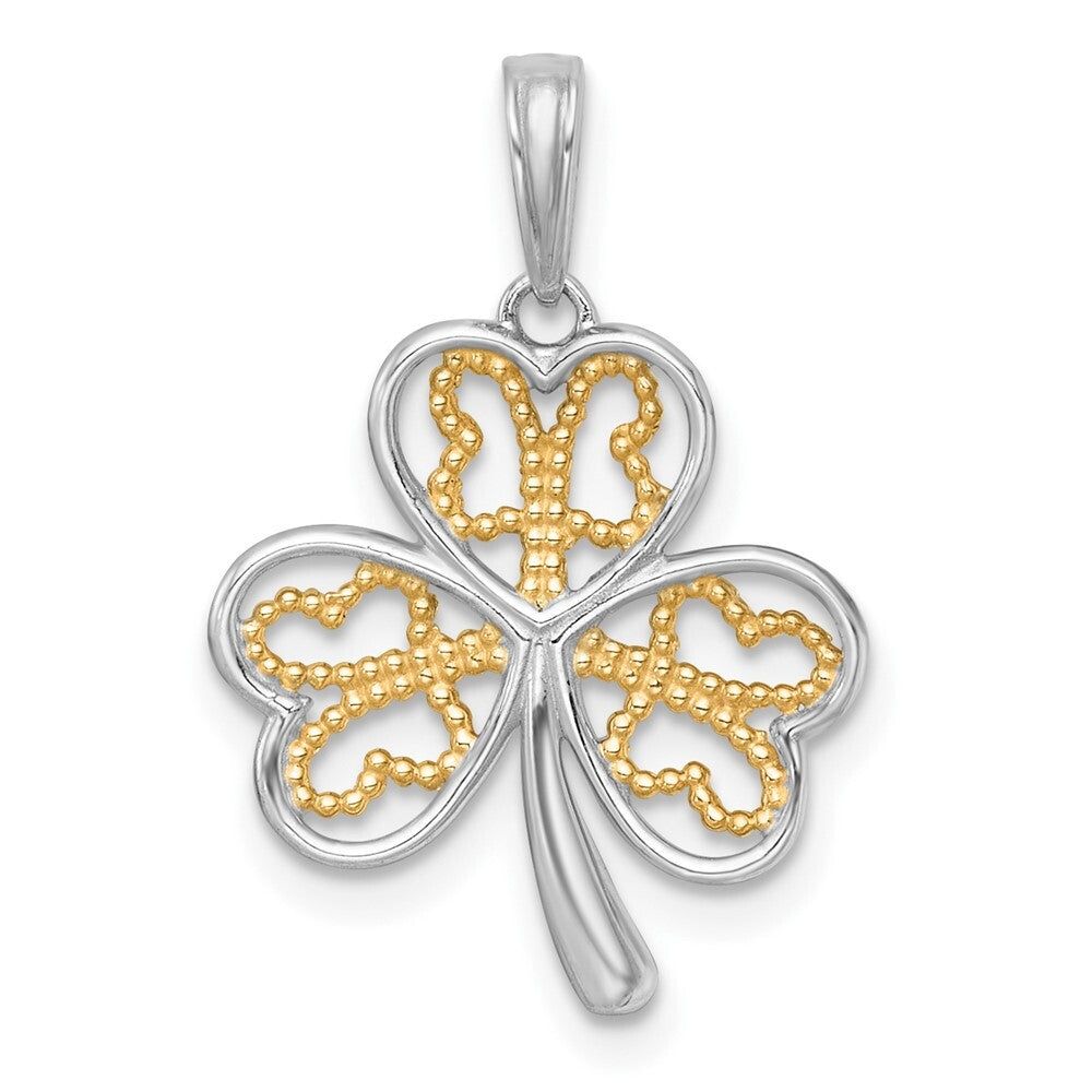 14k Yellow Gold with White Rhodium Polished Fancy 3 Leaf Clover Charm Pendant