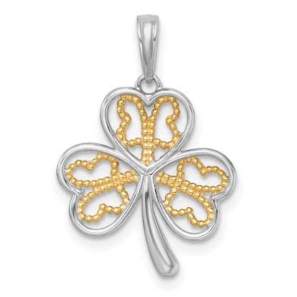 14k Yellow Gold with White Rhodium Polished Fancy 3 Leaf Clover Charm Pendant
