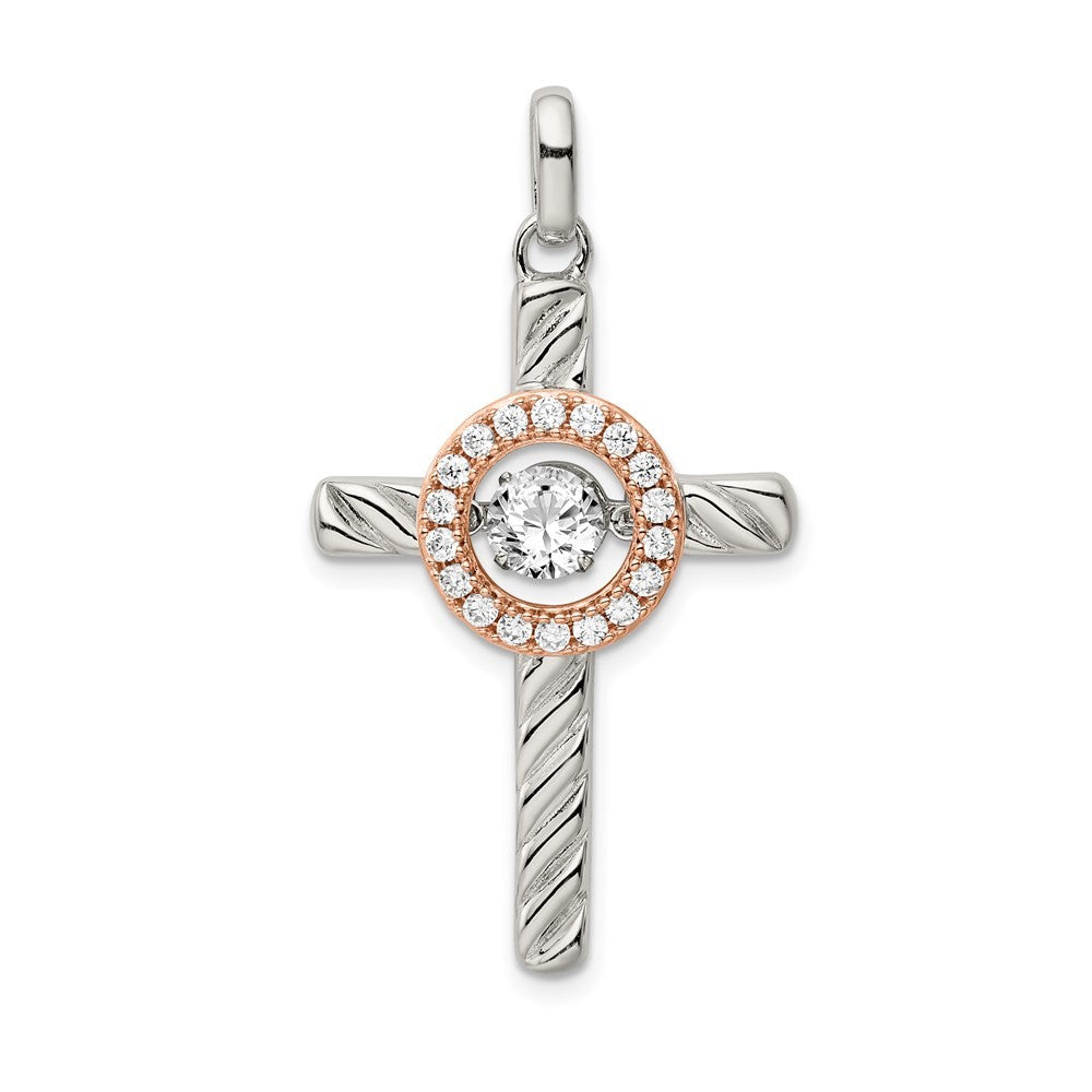 Sterling Silver Plat-plate Rose & Gold-tone Vibrant Cubic Zirconia Cross Pendant