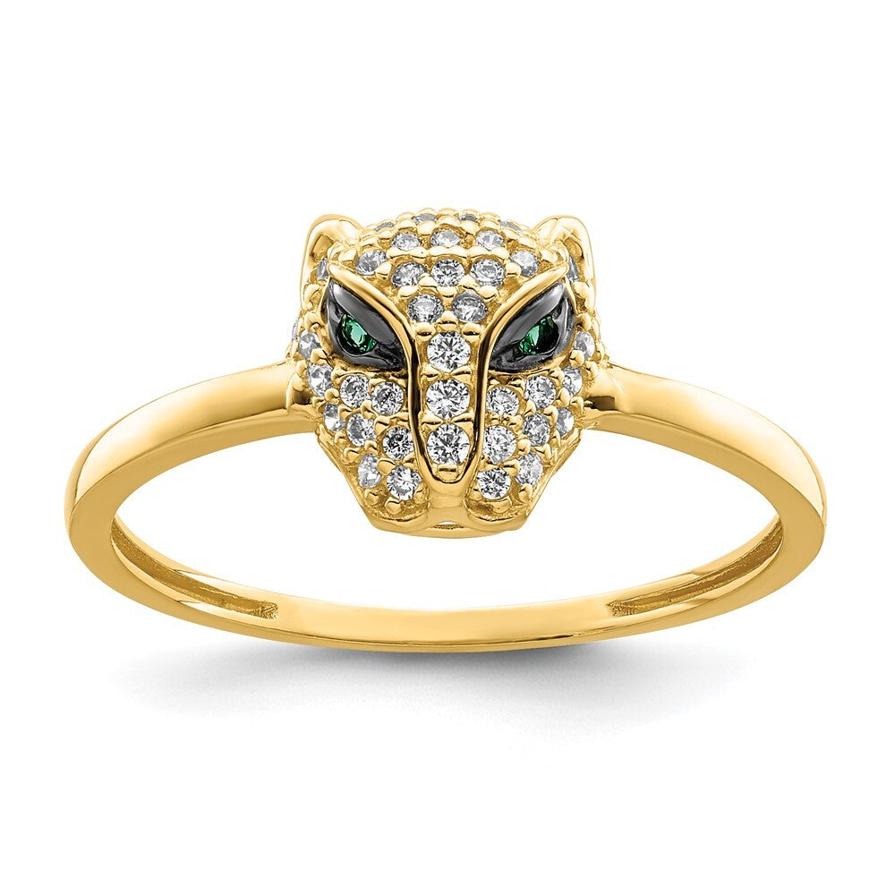 14K Yellow Gold Polished Green & White CZ Lioness Head Ring Size 7