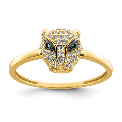14K Yellow Gold Polished Green & White CZ Lioness Head Ring Size 7