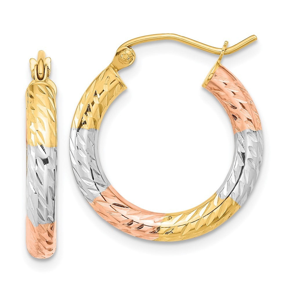 14k Yellow Gold w/White and Rose Rhodium Polished Diamond-cut Hoop Earrings