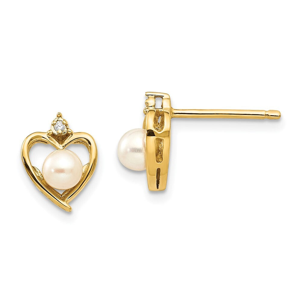 14k Yellow Gold FW Cultured Pearl and Diamond Heart Stud Earrings