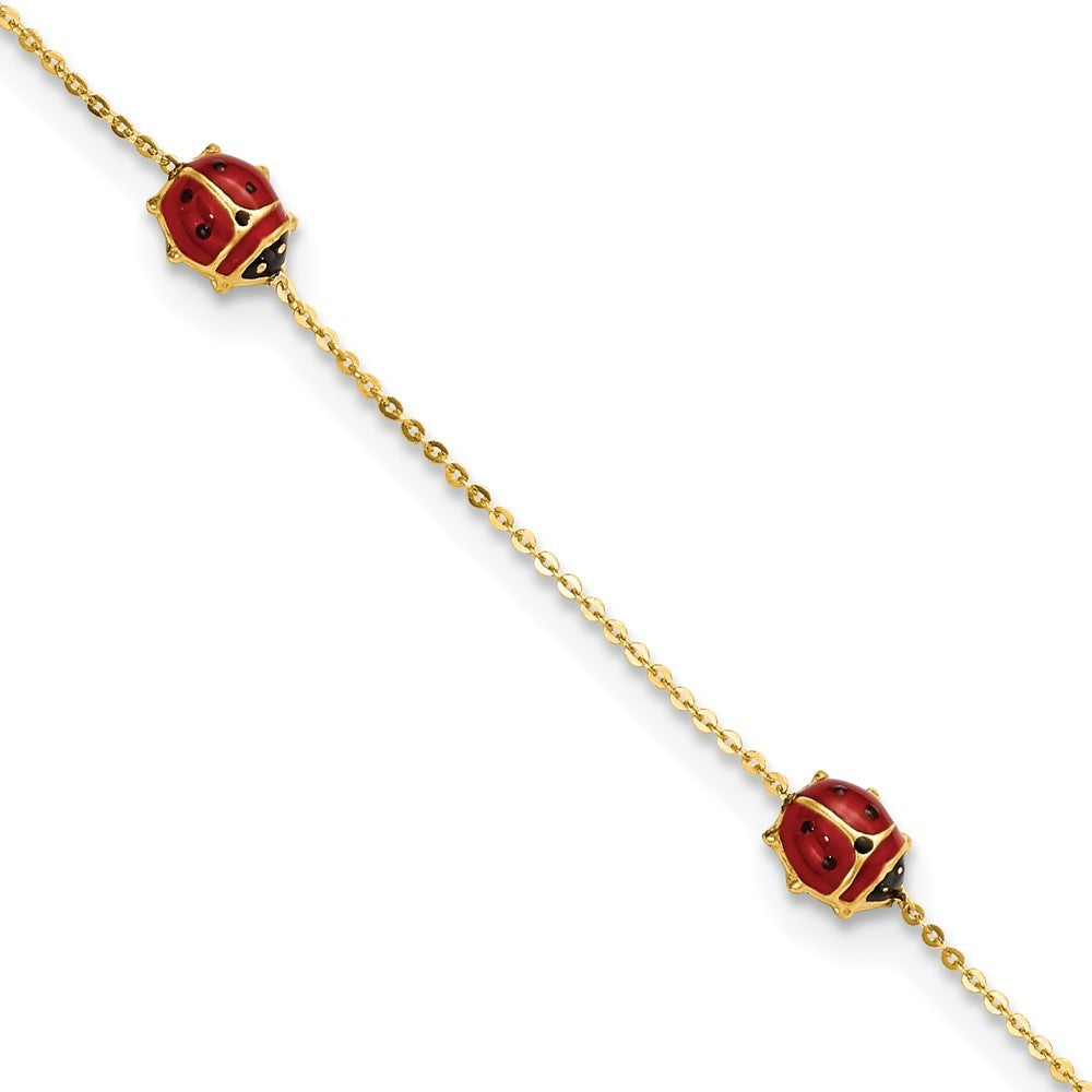 14k Yellow Gold  Red and Black Enameled Ladybugs 6.5" Bracelet Plus 0.75" Ext
