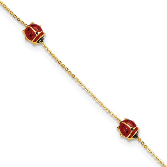 14k Yellow Gold  Red and Black Enameled Ladybugs 6.5" Bracelet Plus 0.75" Ext
