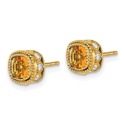 14k Yellow Gold Cushion Citrine and Diamond Stud Earrings