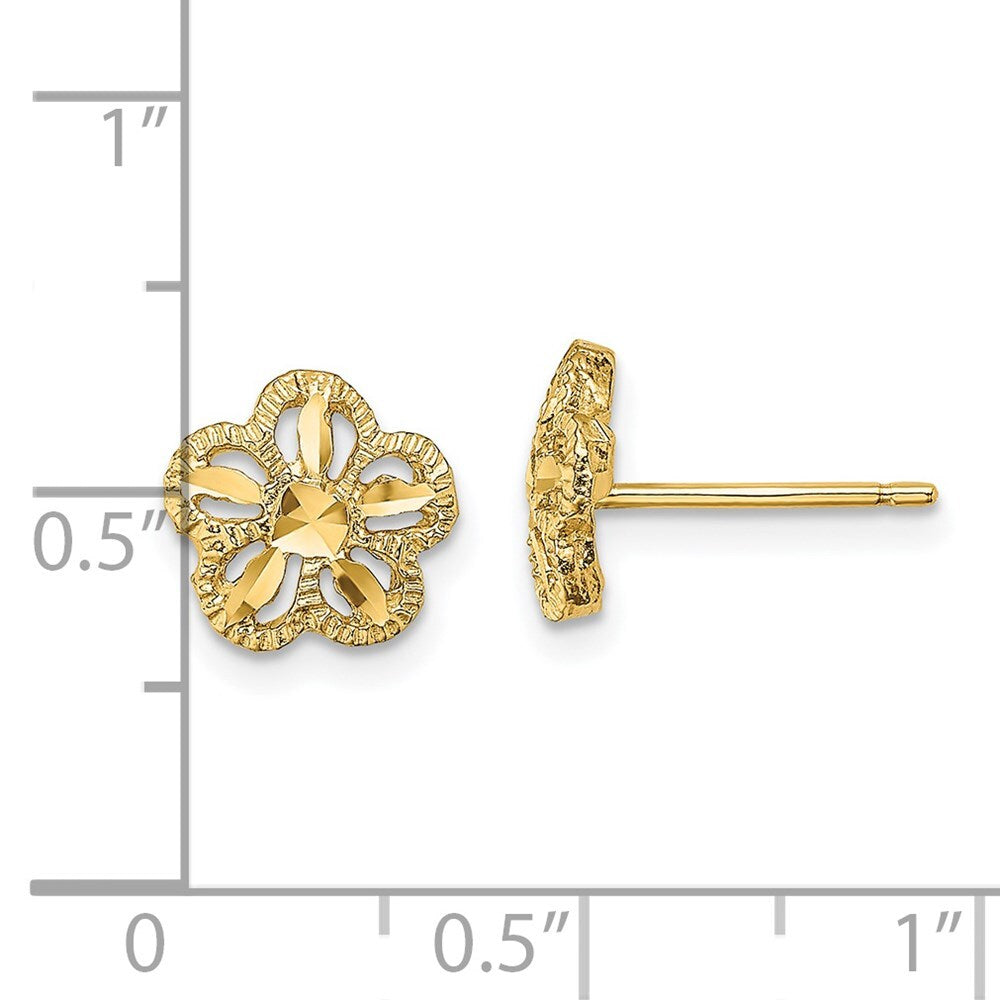 14k Yellow Gold Diamond-cut Flower Stud Earrings Gift for Women