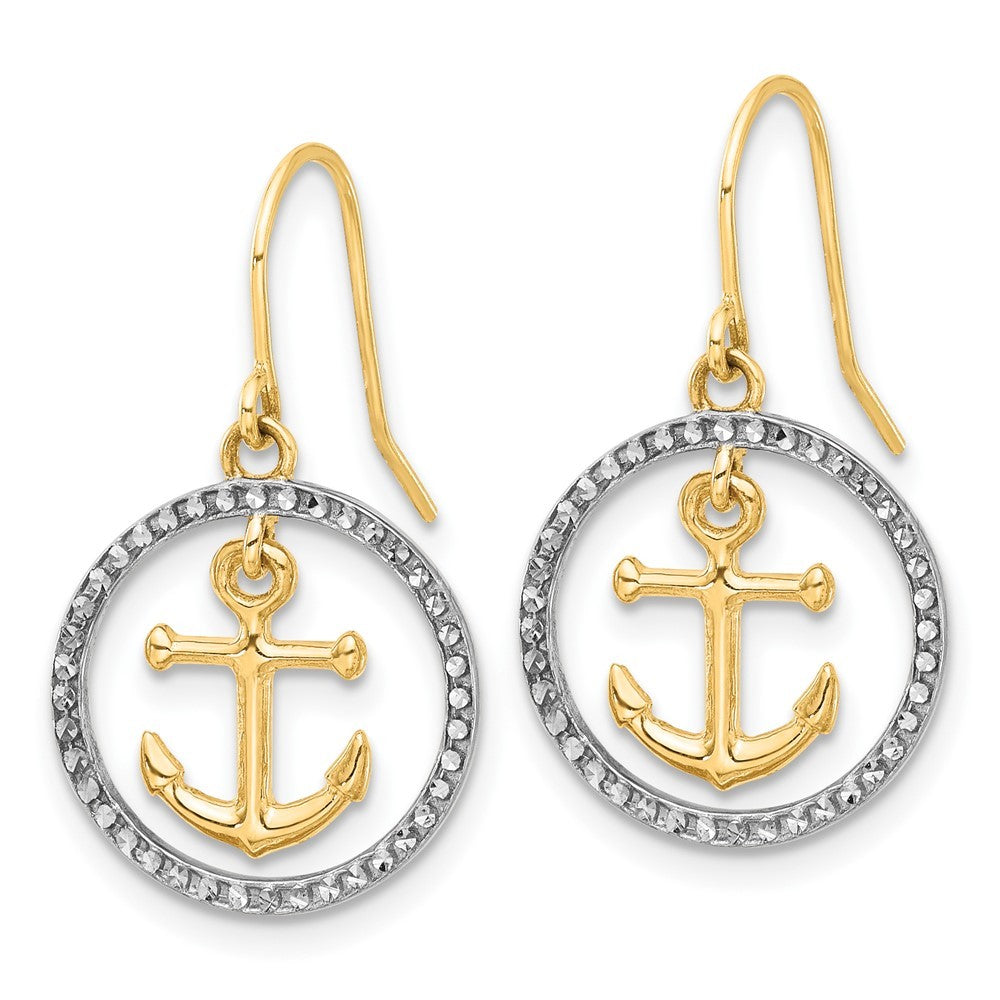 14k Yellow Gold and Rhodium Diamond-Cut Anchor Dangle in Circle Dangle Earrings
