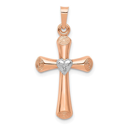14k Two-tone Gold Diamond Polished Hollow Latin Heart Cross Pendant