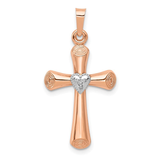14k Two-tone Gold Diamond Polished Hollow Latin Heart Cross Pendant