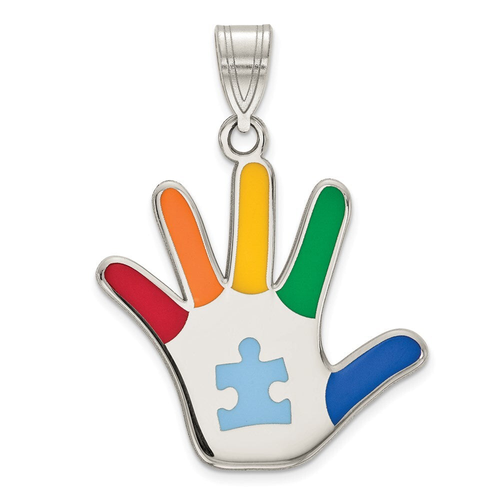 Sterling Silver Rhod-plate Enamel Autism Puzzle Piece Handprint Pendant