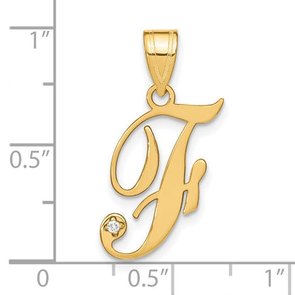 14k Yellow Gold Script Letter F Initial Pendant with Diamond for Women