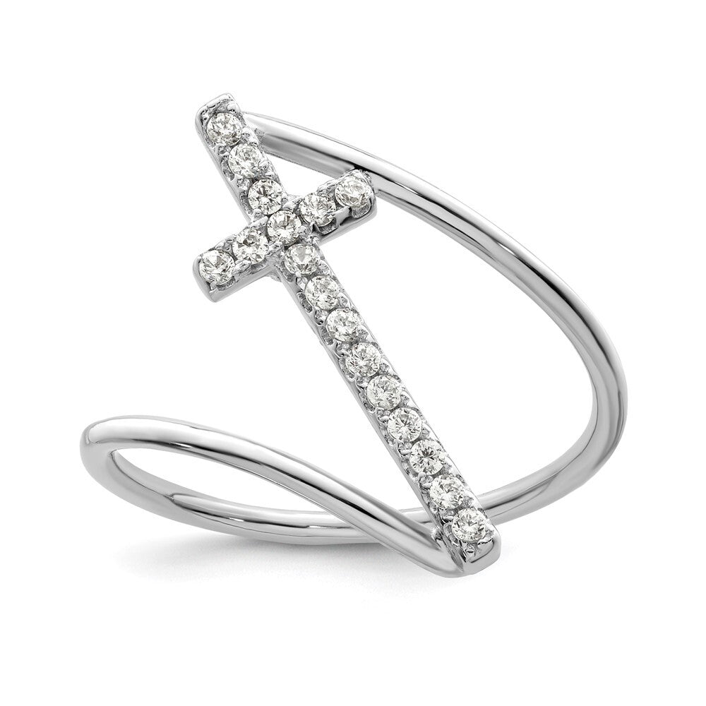 Sterling Silver Rhodium-plated Polished CZ Cross Ring Size 7