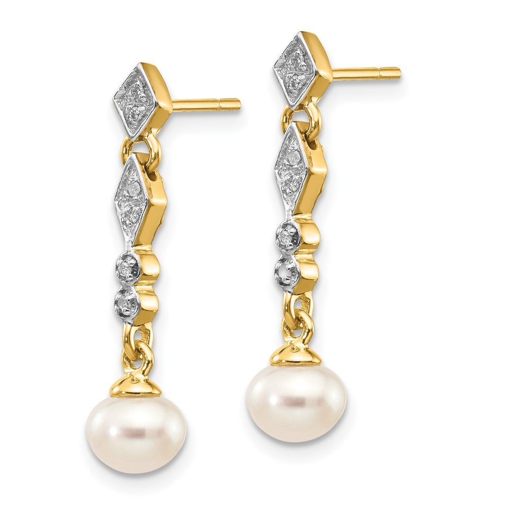14k Yellow Gold Rhodium 5-6mm Semi-round FWC Pearl .04ct Diamond Earrings