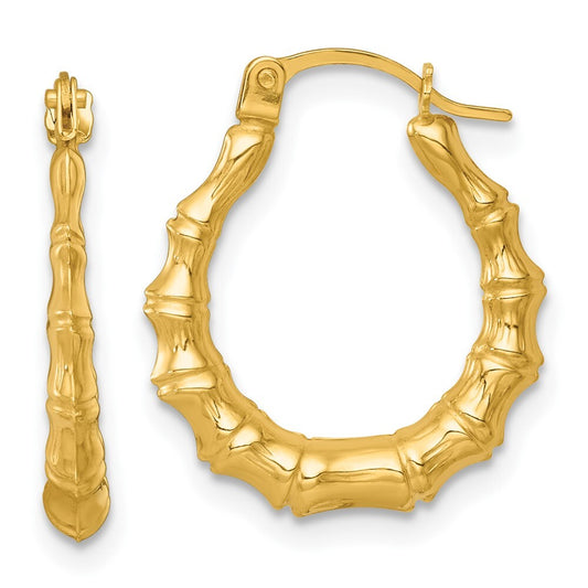 14k Yellow Gold Polished Bamboo Hoop Earrings Gift for Women
