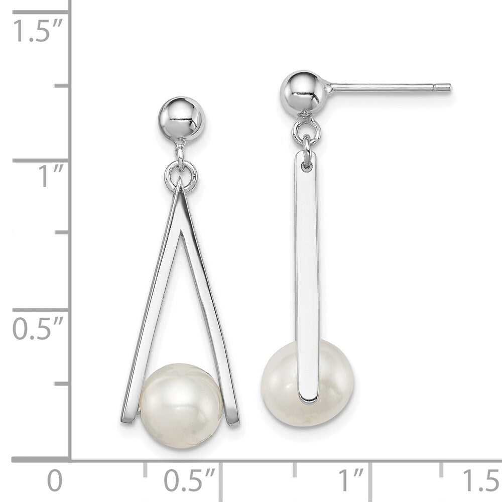 Sterling Silver 8-9mm Semi-Round Cultured Pearl Triangle Post Dangle Earrings
